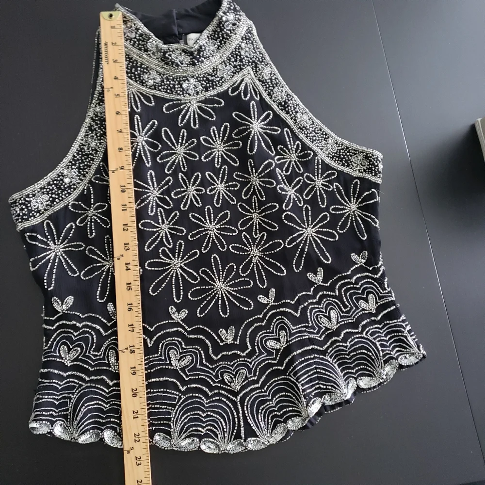 Papell Boutique 100% Silk Black and Silver Embellished Top Size Xl - Picture 6 of 7